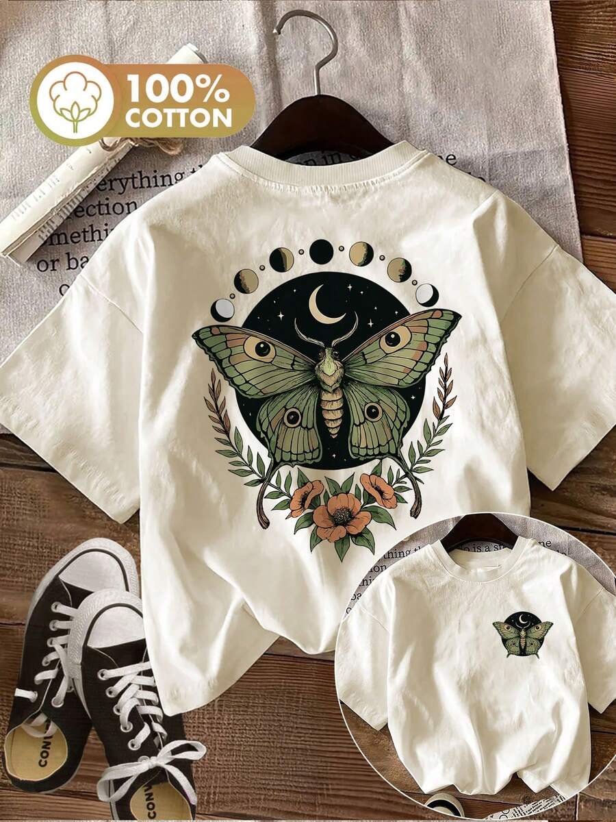Women's Casual Summer Top With A Double-Sided Print Featuring A Mysterious Theme, Butterflies, And Phases. Short-Sleeved, Round-Neck T-Shirt. - 白色 - 查看 1