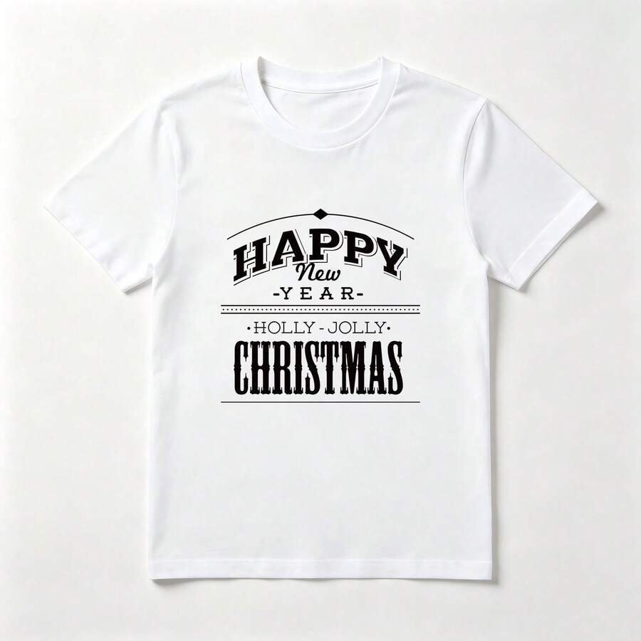 Retro Letters Festive White Cotton Christmas T-Shirt - 白色 - 查看 1