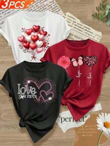 3-Piece Pack Of Printed T-Shirts With Heart Designs, Perfect For Valentine's Day, The Day Of Love And Friendship. Eye-Catching, Modern, Loose-Fitting, Crew Neck, Short Sleeves, Ideal For Everyday Wear. Perfect For You! - 白色 - 查看 1