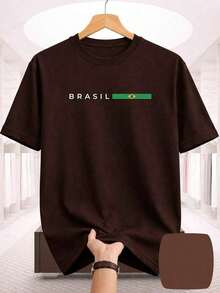 Brazil Unisex Minimalist T-Shirt With National Team Flag Design, 100% Cotton. Premium 100% Cotton. Comfortable And Casual. - 鏽棕色 - 查看 1