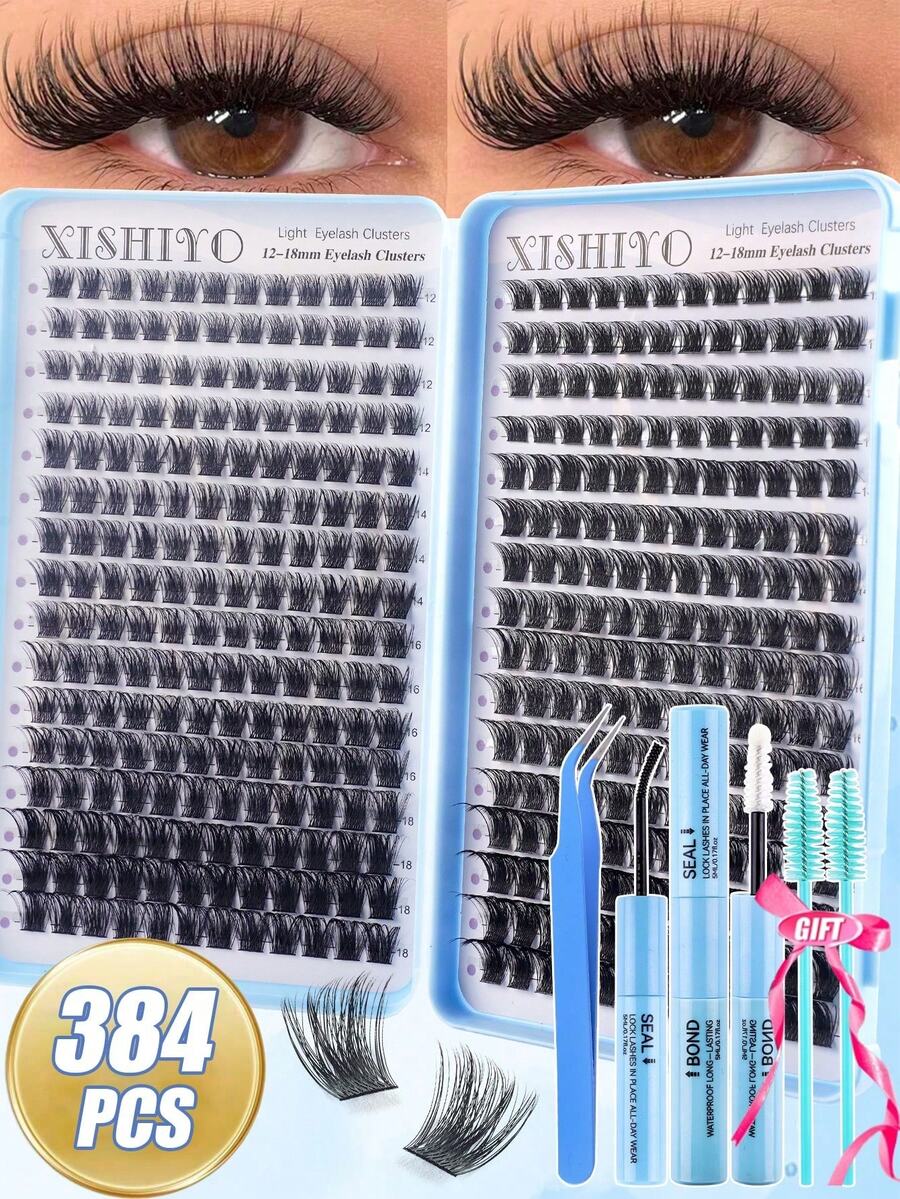 384片睫毛套装,12-18mm混合密度睫毛工具套装,全新12-18mm猫眼D卷蓬松假睫毛,DIY自然妆效睫毛嫁接套装,超柔软轻盈睫毛嫁接套装,睫毛胶水套装,适合日常使用、婚礼、约会、派对、音乐节、万圣节、簇状睫毛、单根睫毛、专业假睫毛妆容 - 彩色 - 查看 1