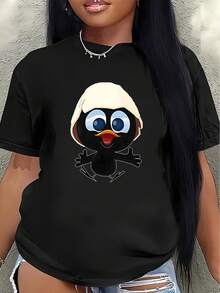 This Lightweight And Durable Short-Sleeved T-Shirt Features A Cute Bird Design And Is Perfect For Lounging At Home Or Wearing Out To Restaurants, Offering A Comfortable Everyday Wear Experience. Women's Blouses > Clothing - 黑色 - 查看 7