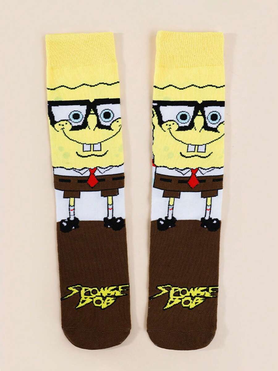 SpongeBob SquarePants 1雙隨機款 SquarePants 卡通中筒襪，適合街頭風與休閒穿搭，可愛風格，適用校服與日常穿著 - 彩色 - 查看 1