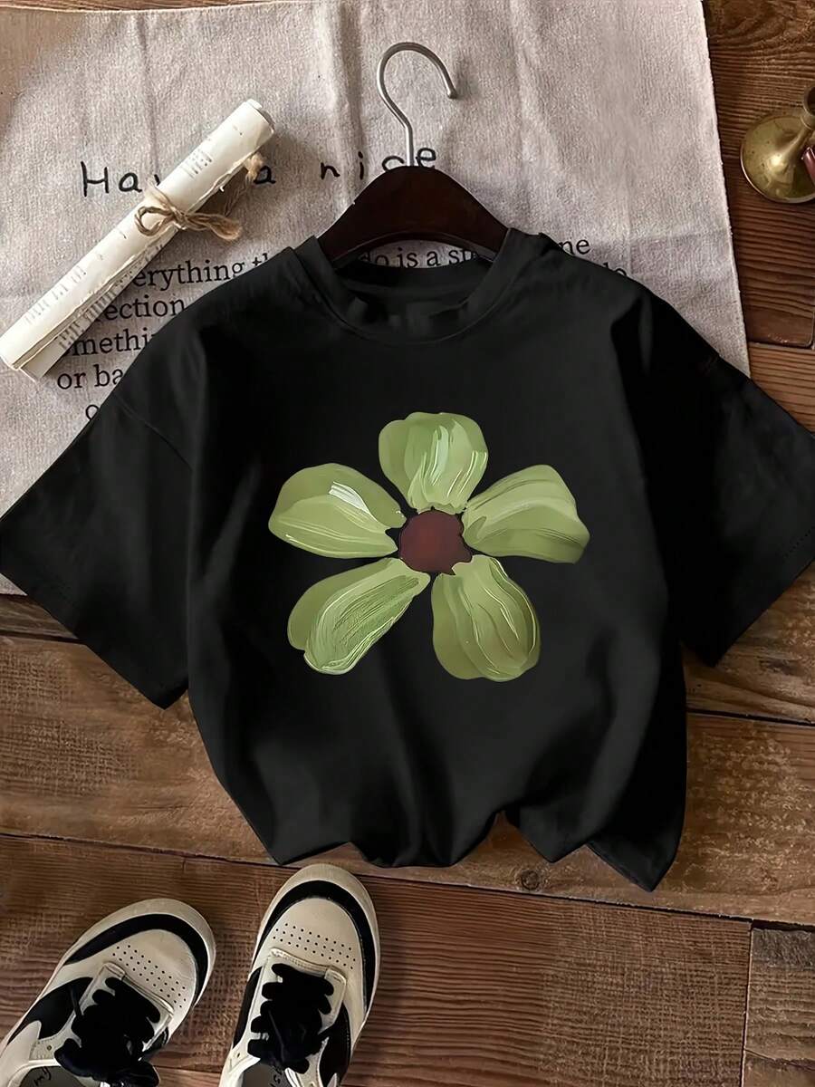 Plus Size Women's Casual Short Sleeve Crew Neck T-Shirt - Vibrant Green Floral Print, Breathable And Machine Washable, Comfortable Fit Top For All Seasons, Easy Care Clothing, Artistic Print, Non-See-Through Fabric - 黑色 - 查看 1