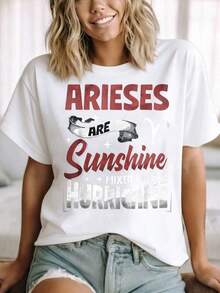 T-Shirt With The Phrase "Aries Are Sun Mixed With Hurricane" For Astrology Lovers And People Born Under The Sign Of Aries, Perfect For Birthday Gifts And Zodiac Themed Events - Vintage Street Style, Unisex, 100% Cotton, Short Sleeve, Round Neck. - 白色 - 查看 3