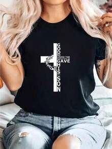 Minimalist T-Shirt With A Bible Verse Print, Suitable For Everyday Wear, Local Shipping, Comfortable And Casual Style, Ideal For A Girlfriend Or Mother, A Fun T-Shirt For Women. Suitable As A Gift. Women's T-Shirt. Blouses > Elegant. Boho Chic. Soft, Breathable, And Comfortable Women's Top, Ideal For Spring, Summer, And Autumn, Perfect For Vacations, Travel, And Everyday Wear. - 黑色 - 查看 7