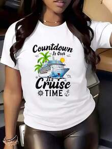 Camiseta de cuello redondo para mujer con estampado de palmeras y sol de crucero, con la frase "La cuenta regresiva ha terminado, es hora de partir en crucero", ideal para vacaciones de verano, viajes y días de descanso, 220g, transpirable y cómoda. - Blanco - Ver 1