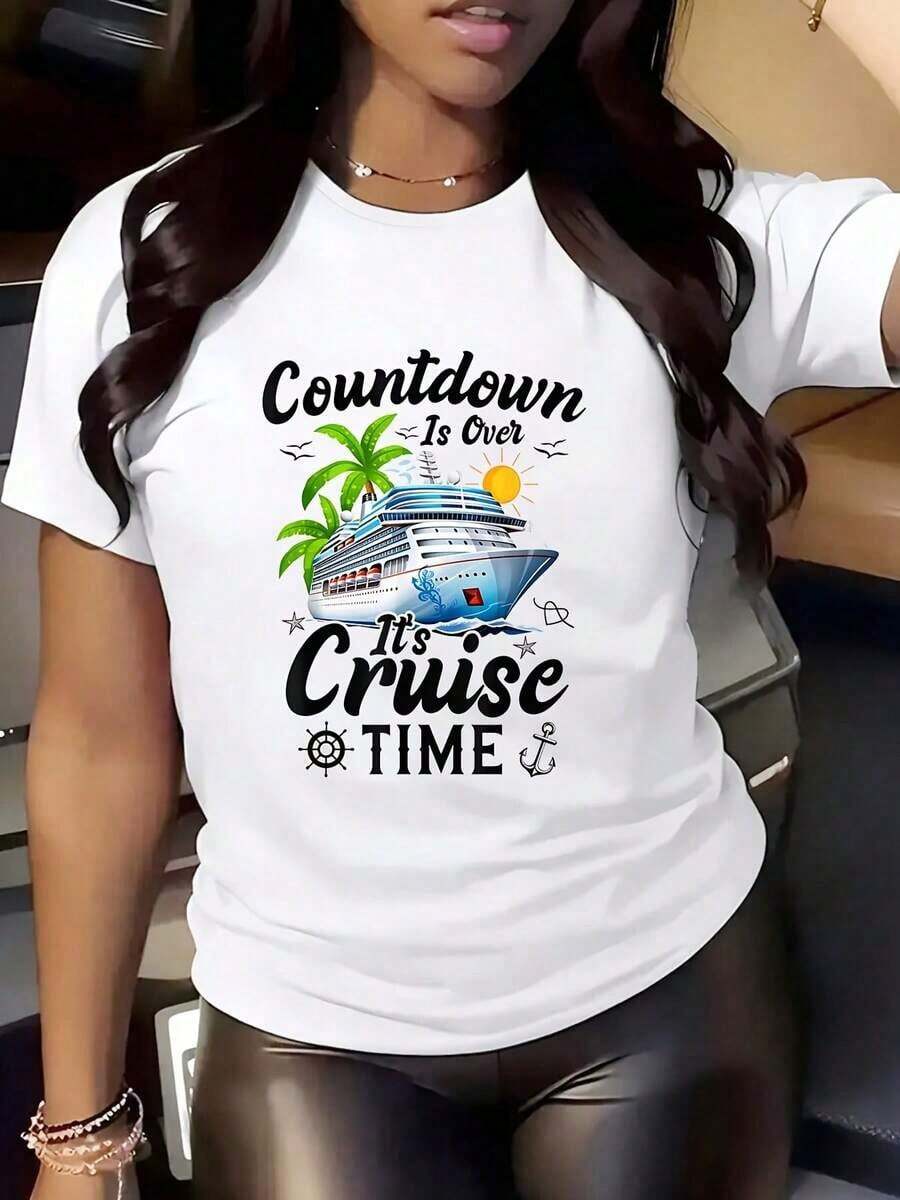 Camiseta de cuello redondo para mujer con estampado de palmeras y sol de crucero, con la frase "La cuenta regresiva ha terminado, es hora de partir en crucero", ideal para vacaciones de verano, viajes y días de descanso, 220g, transpirable y cómoda. - Blanco - Ver 1