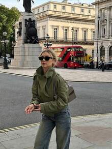 Women Fall Fashion Casual Vintage Green Double Breasted Stand Collar Long Sleeve Cropped Jacket For Office Going Out Vacation - Army Green - View 3