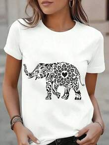Women's T-Shirts, White Elephant Mandala Print T-Shirt, Casual Short-Sleeved Top For Women, Boho-Style Animal Print T-Shirt For Everyday Wear, Summer Set, Fashion Piece. Blouses For Women. - 白色 - 查看 7