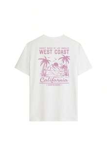 Camiseta de manga corta con cuello redondo para mujer, estilo casual de verano, con estampado de palmera y eslogan, sencilla y versátil, adecuada para uso diario. Camiseta con estampado, Top blanco, Vacaciones - Blanco 3 - Ver 4