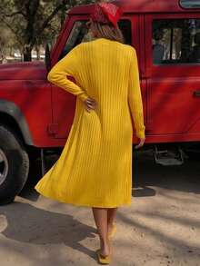 Nuevo llegado de primavera y verano Cárdigan de punto acanalado amarillo largo para mujer, Abrigo de punto de cuello en V y frente abierto, Uso casual y de oficina, Otoño, Parte superior para salir - Amarillo - Ver 2