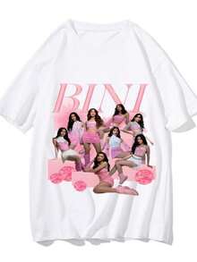 BINI Girls Group Kpops Singer T Shirt Merchandise Men Women Pure Cotton Vintage T-Shirt Short Sleeve Clothing Adult Streetwear - 白色 - 查看 1