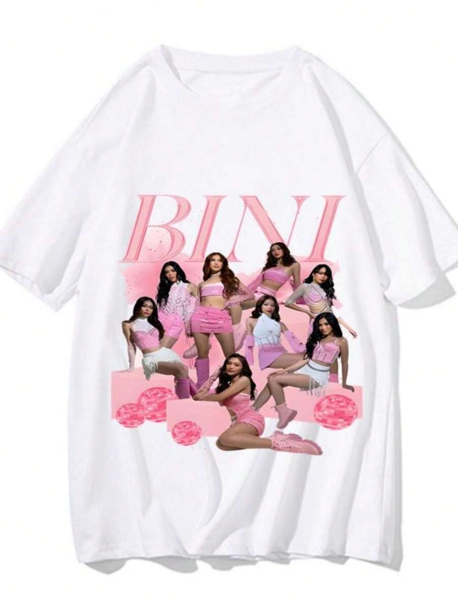 BINI Girls Group Kpops Singer T Shirt Merchandise Men Women Pure Cotton Vintage T-Shirt Short Sleeve Clothing Adult Streetwear - 白色 - 查看 1