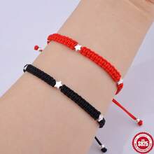 1pc/Bag 925 Sterling Silver Pentagram Bracelet, Handmade Star Chain, Adjustable Black/Red Color DIY - Silver - View 6