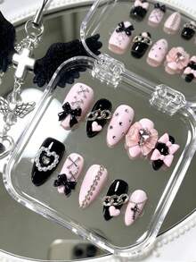 10pcs Hot-Selling Handmade Press-On Nails, Gothic Y2K Sweet & Spicy Style Long Almond-Shaped Fake Nails, Pink & Black Base, 3D Bow, Cross Pendant, Chunky Metal Chain, Heart Rhinestone & Pink Organza Flower Decor, Alternative Girl Nail Art Set, Includes Jelly Glue And Nail File - Follow Your Heart - View 4