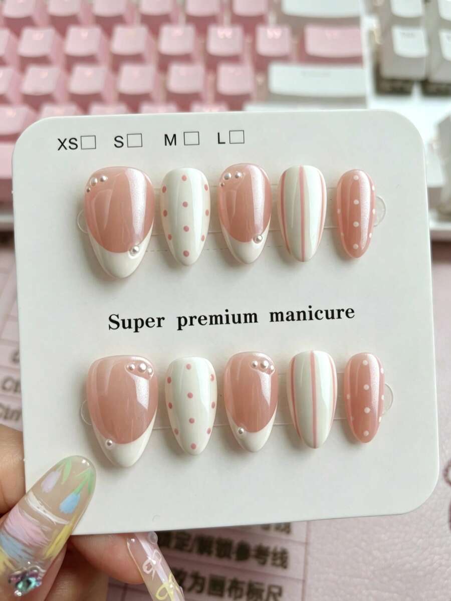 10pcs Handmade Medium Almond Shape Press-On Nails, Nude Pink & Cream ...