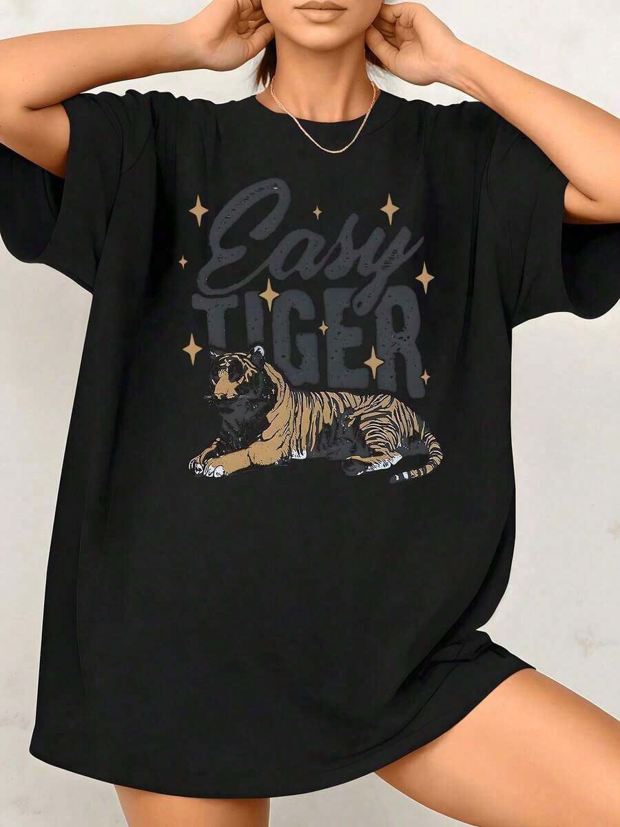 Women's Tiger Graphic Print T-Shirt, Casual Style For Animal Lovers, 100% Cotton, Crew Neck, Loose Fit, 1 Piece. Excellent Gifts For Friends And Family, Modern Urban Style. - 黑色 - 查看 1