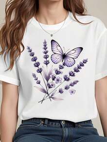 Women's Round Neck T-Shirt With Butterfly And Lavender Floral Print, Casual Loose Fit, Summer Top, Soft 180g Cotton Blend, Lightweight And Comfortable For Everyday Wear, Nature-Inspired Design, Delicate Flowers And Purple Wings, Elegant And Simple Style, Perfect For Outdoor Activities, Garden Walks Or Everyday Outfits, Feminine And Fresh Look, Suitable For Young Adults And Teenagers. - 白色 - 查看 1