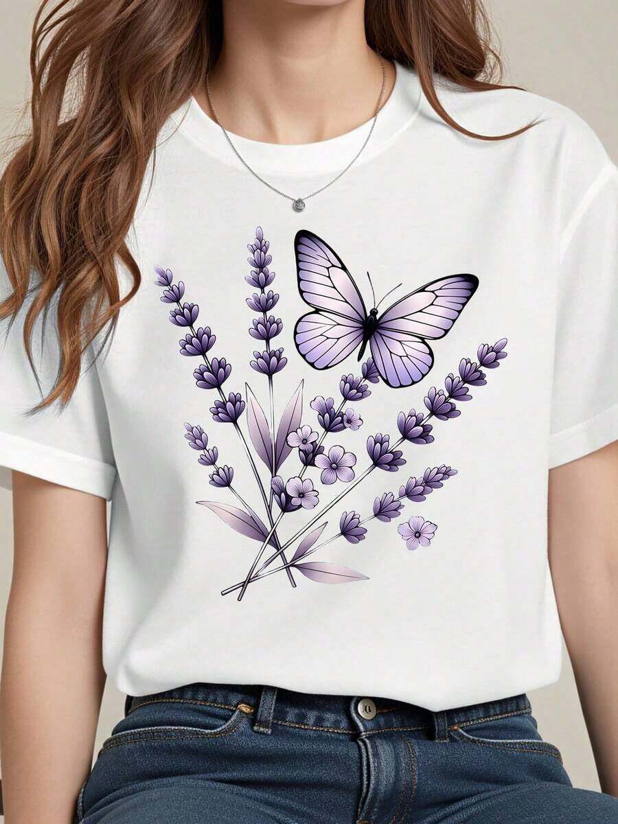 Women's Round Neck T-Shirt With Butterfly And Lavender Floral Print, Casual Loose Fit, Summer Top, Soft 180g Cotton Blend, Lightweight And Comfortable For Everyday Wear, Nature-Inspired Design, Delicate Flowers And Purple Wings, Elegant And Simple Style, Perfect For Outdoor Activities, Garden Walks Or Everyday Outfits, Feminine And Fresh Look, Suitable For Young Adults And Teenagers. - 白色 - 查看 1