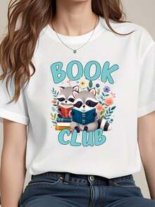 Book Club Raccoon Print T-Shirt, Round Neck, Short Sleeve, Floral And Adorable Animal Design For Book Lovers And Reading Enthusiasts, Casual Women's Clothing - 白色 - 查看 1