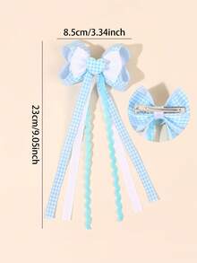 2 piezas Clips para el cabello con lazo y borla a cuadros azul/rosa/amarillo con decoración de corazón, clips de caimán, accesorios para el cabello estilo campus dulce para niñas, adecuados para vacaciones, uso diario, primer día de regreso a la escuela, suministros para niñas, regalos para niñas, accesorios para el cabello de niñas - Celeste - Ver 5