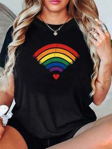 1 Piece Graphic T-Shirt For Women's Pride Month - Rainbow Heart Design, Casual Crew Neck, Short Sleeve, Soft Blend, Perfect For Spring/Summer, Pride T-Shirts, 180g, 100% Cotton. - 黑色 - 查看 7