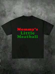 1 Piece Pure Cotton T-Shirt 180g With "Mommy's Little Meatball" Print, Casual Print, Comfortable And Versatile, Letter Pattern Printed T-Shirt, Summer Tops, Summer Clothes, Shirts, Spring Sets For Women, Summer Graphic T-Shirts, Women's T-Shirts, 180g 100% Cotton. - 黑色 - 查看 11