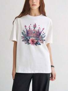 Gift For Women: Short-Sleeve T-Shirts With Interesting Prints, Beautiful Clothing. Round Neck T-Shirt With White Crown Floral Print Design For Casual Wear, Soft. - 白色 - 查看 4