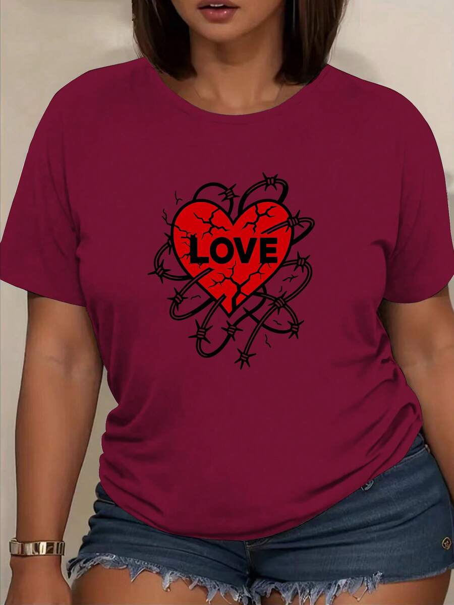 Camiseta de manga corta para mujer con estampado "Chain Heart LOVE", hecha de fibra de poliéster suave y transpirable, elasticidad media, lavable a máquina, camiseta casual de manga corta con cuello redondo y estampado, una prenda imprescindible para primavera y verano, top de manga corta, ropa de mujer. - Rojo - Ver 1
