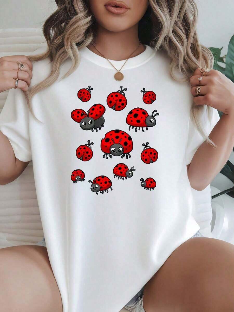 Women's Casual Loose Fit Shirt, Available In Black And White, Printed Design, Summer T-Shirts For Everyday Wear, Summer Tops, Graphic Tees, Women's Summer Sets, Women's Crop Tops, Casual Blouses For Ladies - 白色 - 查看 1