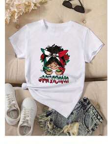 Camiseta de Mujer con Estampado Floral y Lazo de la Bandera Mexicana - Corte Holgado, Manga Corta, Cuello Redondo, Ropa Casual Transpirable Adecuada para Primavera, Verano y Otoño, Atuendo Festivo Mexicano, Tela Cómoda para Fiestas y Eventos Diarios. Camiseta de Algodón Familia Coordinada - Blanco - Ver 7