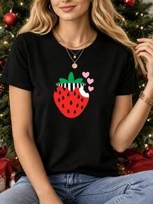Camiseta Estampada para Mujer con Gráfico de Fresa Roja y Corazones Rosados - Camiseta Casual de Manga Corta y Cuello Redondo en Negro, Corte Relajado para Todas las Estaciones, Perfecta para Uso Diario y Atuendos de Vacaciones, Lavable aáquina. - Negro - Ver 6