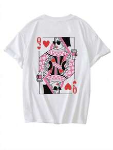 Camiseta de manga corta de holgada con estampado de la reina de picas, nueva y casual, versátil y de moda para mujer, color blanco Ropa deportiva estilo Y2K, cuello redondo, 100% algodón, tejido suave, manga corta. - Blanco - Ver 2