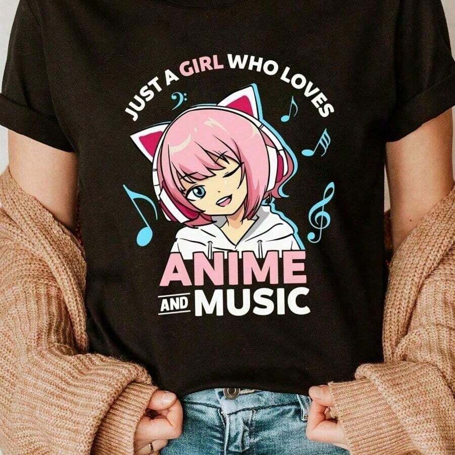 Camiseta de algodón para mujer con estampado gráfico de anime, manga corta, cuello redondo, diseño casual con chica manga linda, cómoda, adecuada como regalo. playera de mujer. blusas>elegantes. boho chic,Top de mujer suave, transpirable y cómodo, ideal para primavera, verano y otoño, perfecto para vacaciones, viajes y uso diario. - Negro - Ver 1