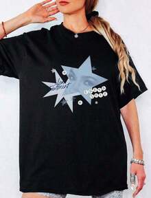 1 Piece Short Sleeve T-Shirt With Pastel Anime Cat Girl Print, Round Neck, Casual Style, Plus Size, Business Casual Wear, Cute Character Design, Y2K Inspired, Regular Fit, Suitable For All Seasons, Tumble Dry, 180g, 100% Cotton. | Exquisite Design | Loose And Comfortable | Easy To Match | - 黑色 - 查看 7