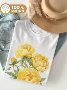 Camiseta con estampado gráfico, manga corta, cuello redondo, top casual para verano y primavera, ropa de mujer, ropa de invierno para mujer - Blanco - Ver 1