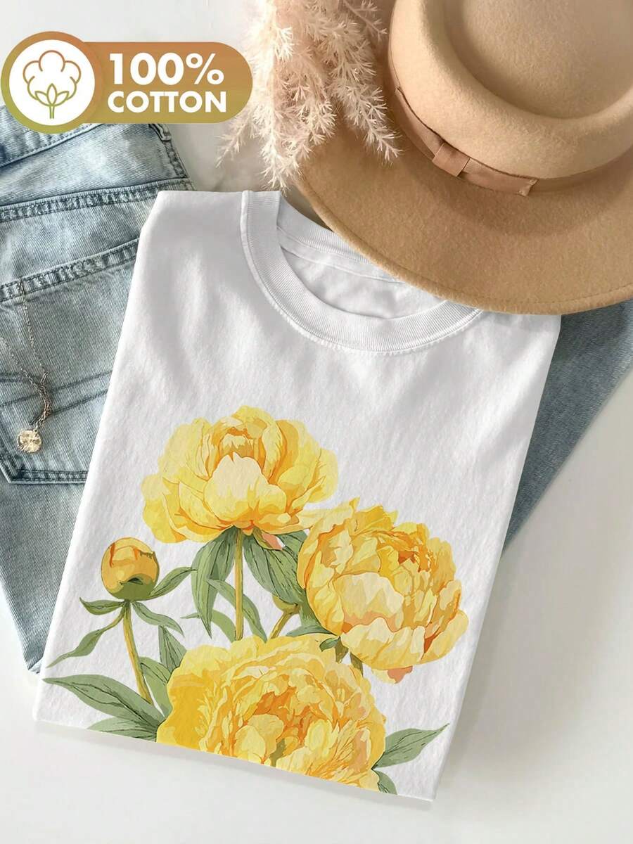 Camiseta con estampado gráfico, manga corta, cuello redondo, top casual para verano y primavera, ropa de mujer, ropa de invierno para mujer - Blanco - Ver 1