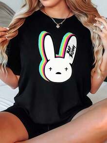 Camiseta de Mujer Casual de Corte Holgado, Color Negro o Blanco Opcional, con Estampado Gráfico de Conejo, Camisetas para Uso Diario de Verano, Tops de Verano, Camisetas Gráficas, Conjuntos de Verano para Mujer, Camisetas Cortas para Mujer, Tops Vintage de Algodón, Ropa Linda para Mujer, Playera Holgada para Mujer - Negro - Ver 1
