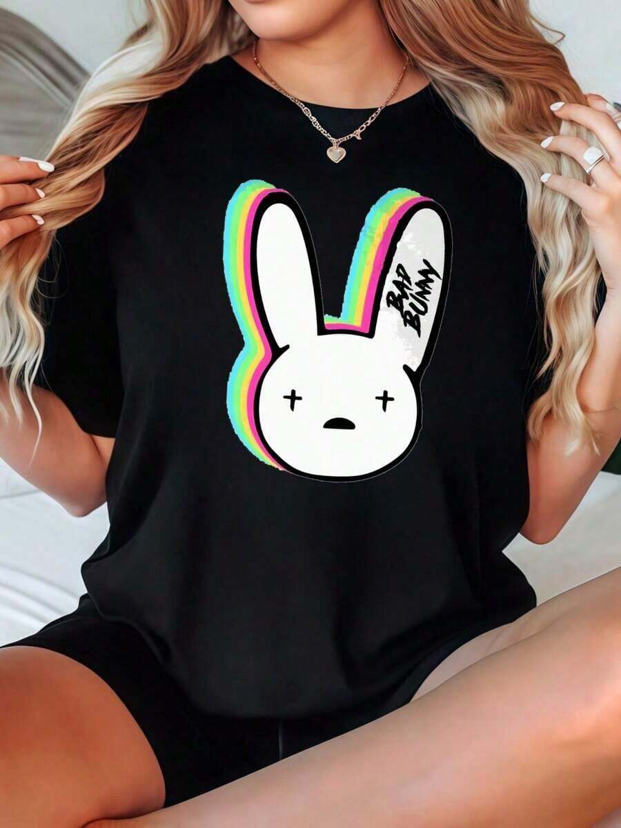 Camiseta de Mujer Casual de Corte Holgado, Color Negro o Blanco Opcional, con Estampado Gráfico de Conejo, Camisetas para Uso Diario de Verano, Tops de Verano, Camisetas Gráficas, Conjuntos de Verano para Mujer, Camisetas Cortas para Mujer, Tops Vintage de Algodón, Ropa Linda para Mujer, Playera Holgada para Mujer - Negro - Ver 1