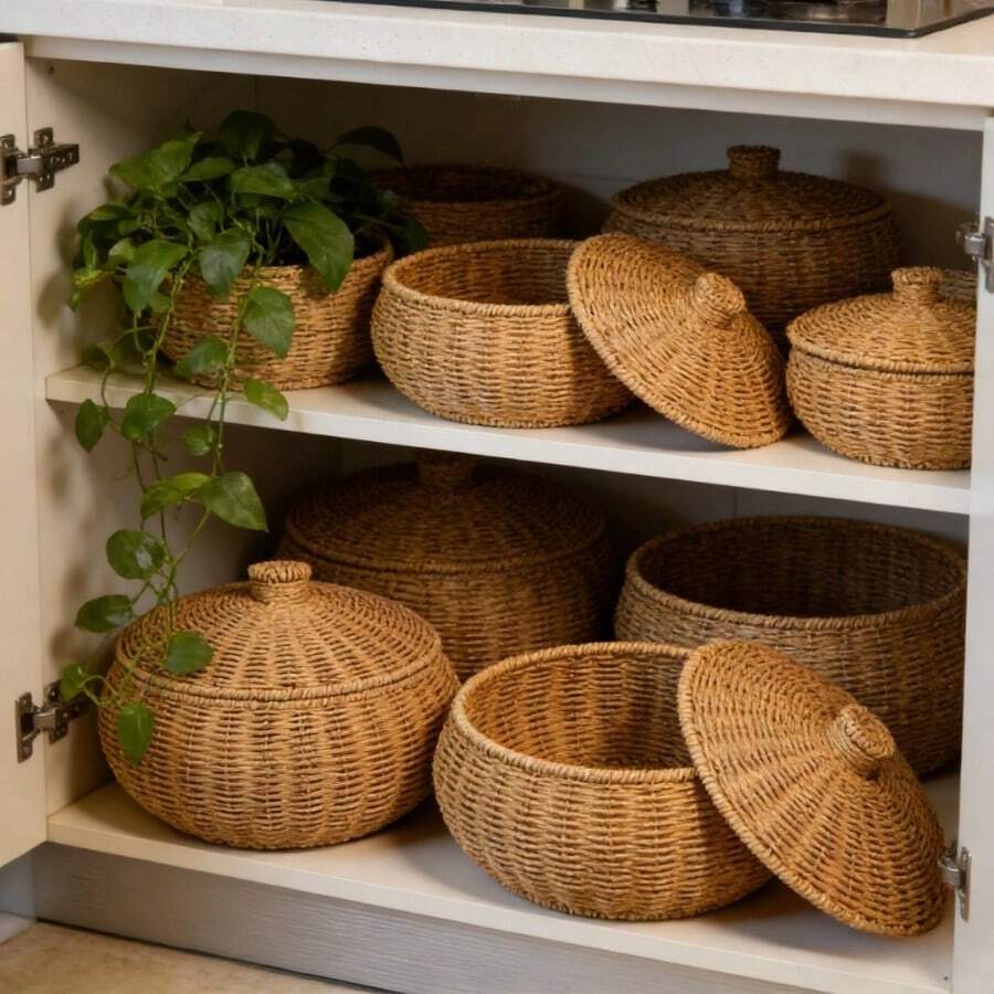 Cesta de almacenamiento redonda con tapa de imitación de ratán tejida a mano, caja de pan, organizador de frutas para cocina, mesa de comedor, despensa, decoración del hogar, contenedor de mimbre con asas, estilo rústico, organizador decorativo - Marrón - Ver 1