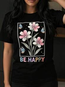 Women's T-Shirt With Creative And Fun Letter Print, Slogan "BE HAPPY", Floral Butterfly Graphic, Breathable Fabric, Regular Fit, Round Neck, Short Sleeve, For Outdoor Leisure, Spring Summer, Parties And Festivals, Urban Fashion, Easy To Match. - 黑色 - 查看 7