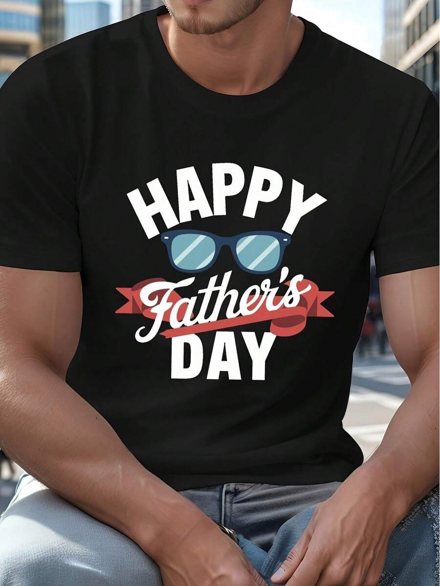 Camiseta de hombre para el Día del Padre, de cuello redondo, con un elegante diseño de gafas y cinta, perfecta para papá. Esta cómoda camisa casual es perfecta para cumpleaños y Navidad. - Negro - Ver 1