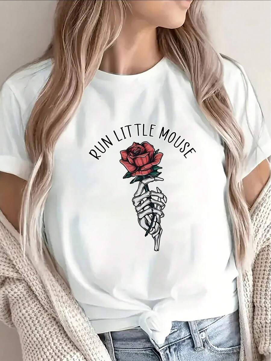 Original Pink Graphic Print T-Shirt, Modern Urban Style, Casual, Elegant, Comfortable, Fun For Women, Size M/L, Colors Black And White, Women's Fashion 2023 - 白色 - 查看 1