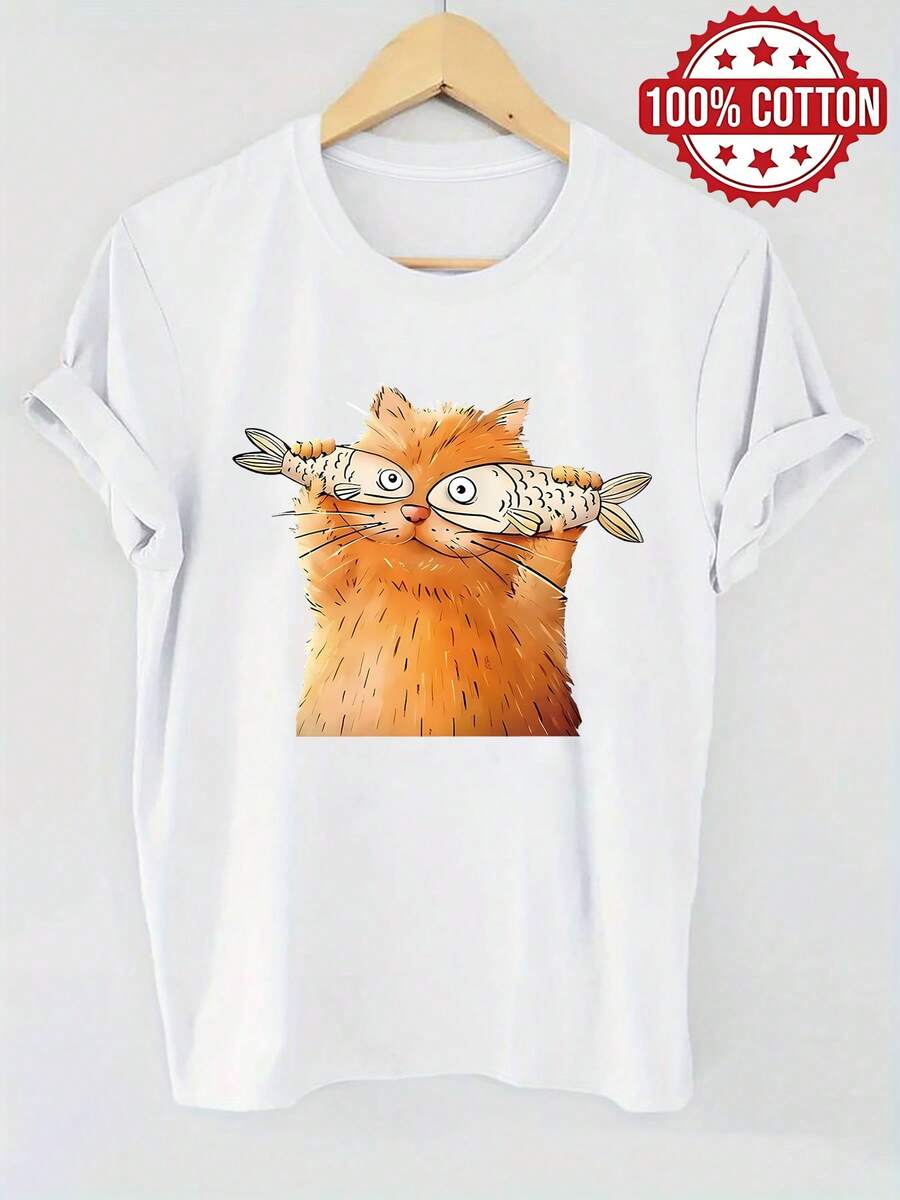Camiseta de verano para mujer 100% estampada con gato y pez, de manga corta y cuello redondo, informal, cómoda y transpirable