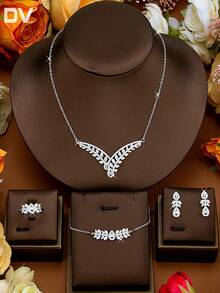 DV JEWELRY 5件套立方氧化锆镀白金奢华项链、手链、耳环、开口戒指首饰套装，优雅珠宝礼品，适合女性、派对、周年纪念日佩戴 - 銀色 - 查看 4