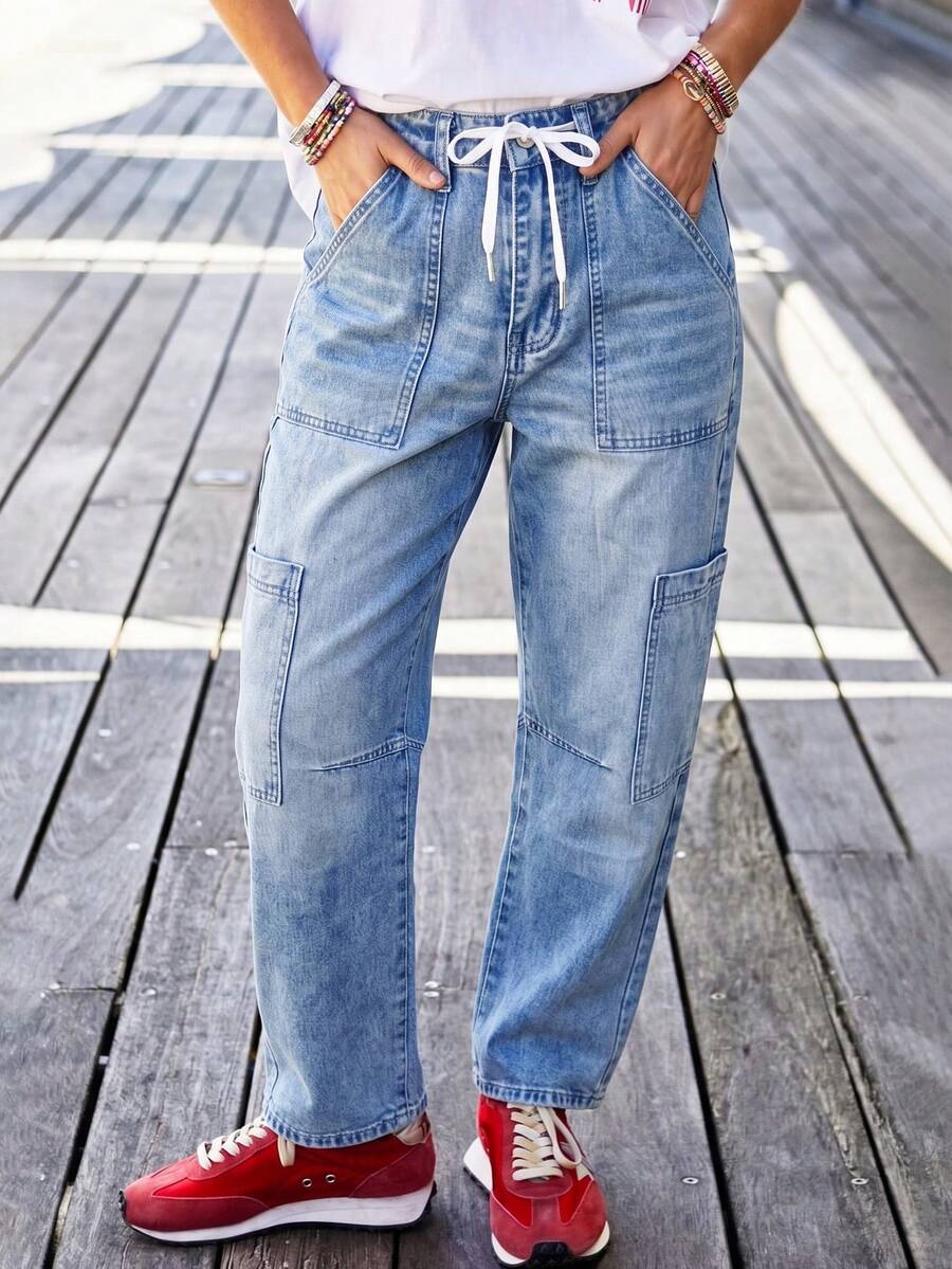 Women's Casual Straight-Leg Jeans, Drawstring Design, Long Length, Non-Stretch Fabric, Suitable For Daily Wear - Blue - View 1