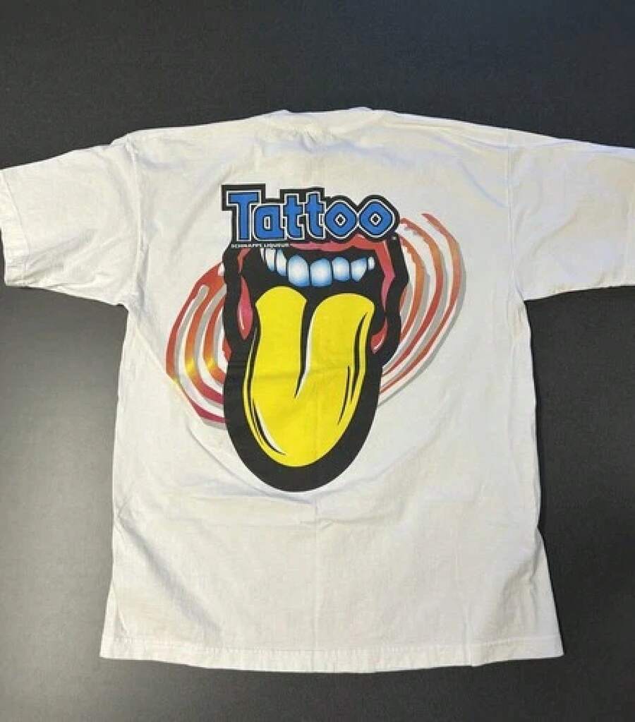 VTG SCHNAPPS Liqueur Tattoo Your Tongue Double Sided T Shirt 90s White SZ XLblusas para mujer playeras de mujer vestidos casuales para mujer y2k playeras deportivas para mujer verano camisetas ropa de mujer Fashion Perfect For Daily - Blanco - Ver 1