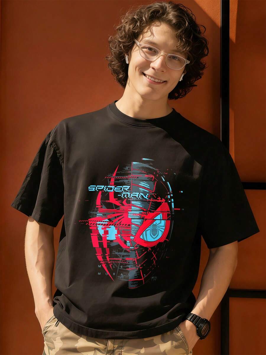 Men's Spider-Man Digital Art Graphic Tee, 100% Cotton Marvel Universe Summer Casual Streetwear Short Sleeve T-Shirt - 黑色 - 查看 1