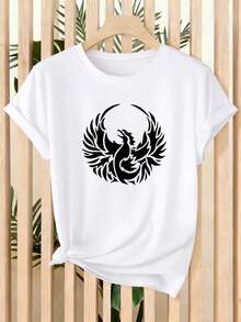 Limited Time Offer, Limited Quantities, Flash ! Women's Casual Shirts, Women's Polyester T-Shirts, Elegant Shirts. Women's Short-Sleeve T-Shirt With Phoenix And Crescent Moon Design - Casual Crew Neck Blouse, Machine Washable, Summer Essential For Casual Outfits, Office, Or Special Occasions - Stylish Phoenix Print For Skin Tones - 白色 - 查看 9